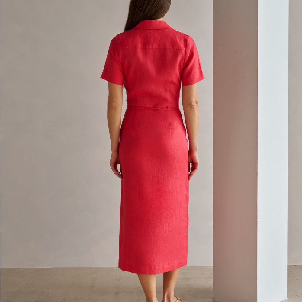 Red Midi Shirt Dress with Front Slits - Picture 2 of 11
